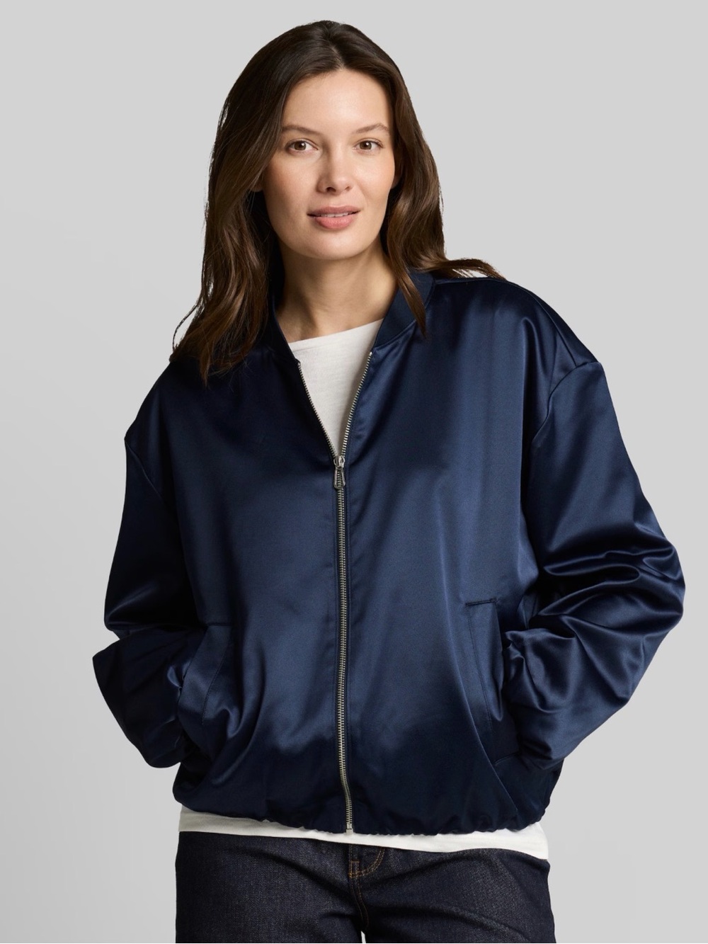 Massimo Dutti Navy Blue Satin Bomber Jacket Size S